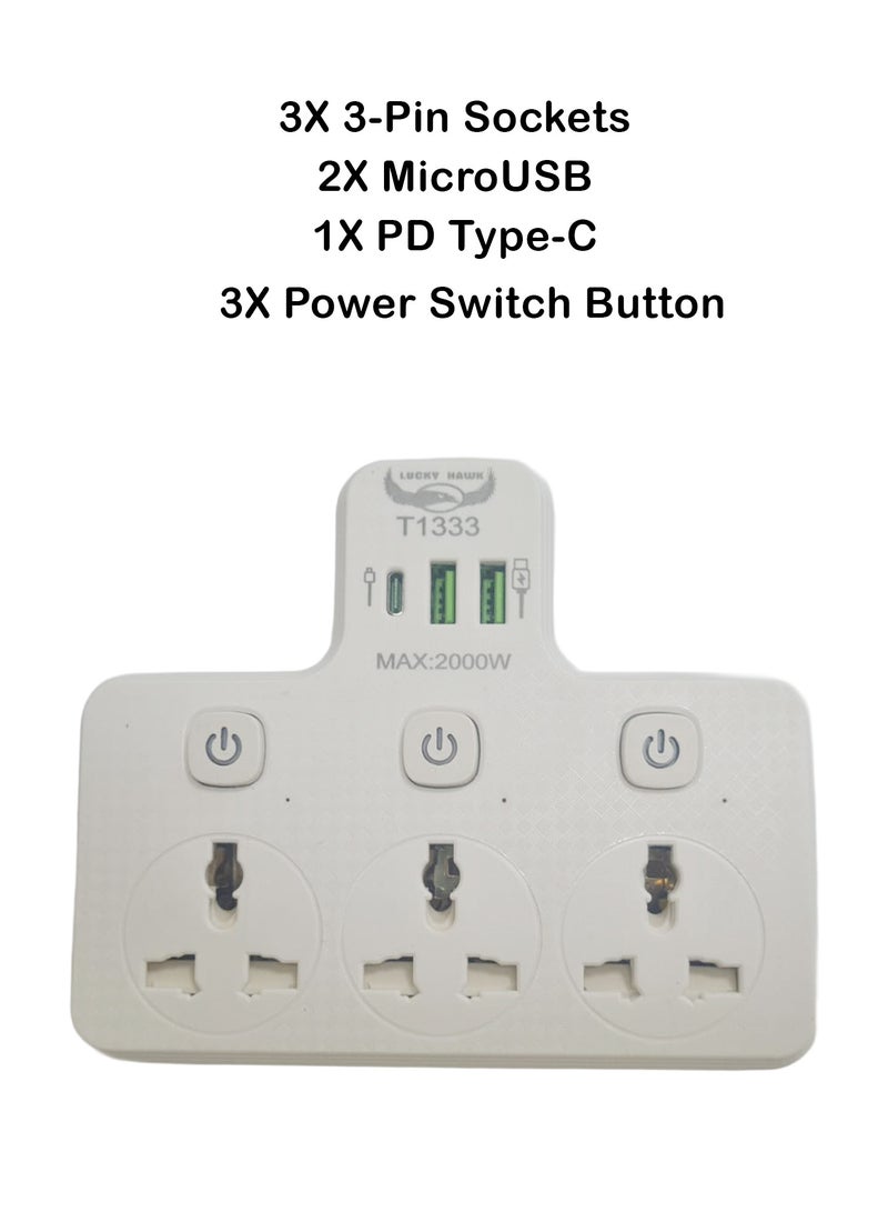 Lucky Hawk محول حائط مع 3 مقابس عالمية، 2 منفذ USB و 1 منفذ Type-C، تمديد متعدد للمقابس مع 3 مفاتيح فردية، مقبس طاقة ذكي 2000 واط، شحن سريع 2.1A للمنزل، المكتب والسفر أبيض - Image 2